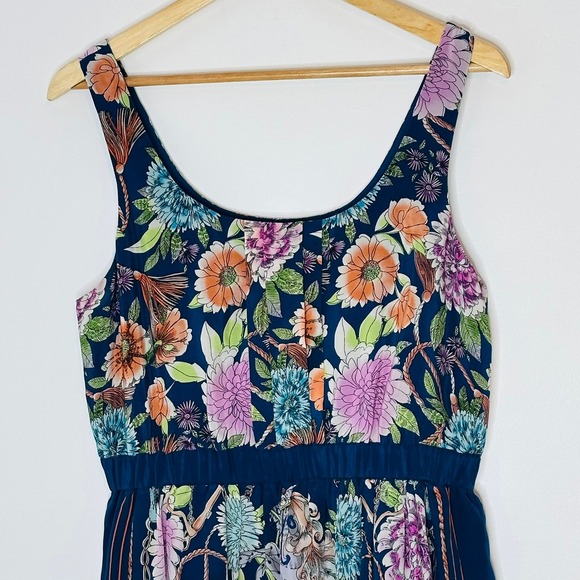 Moulinette Soeurs Navy Floral Silk Dress Womens Medium Gathered Waist Sleeveless - Picture 6 of 10